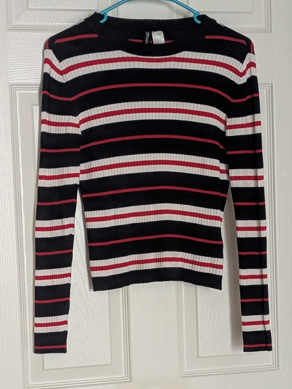 H&M Divided Striped Fitted Rib-Knit Top Black, White & Red Women's Medium
